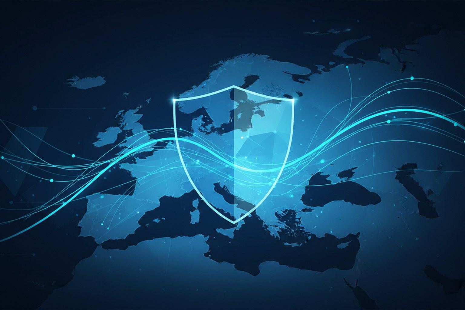 Stilisierte Europakarte mit digitalen Datenströmen und Schutzschild-Symbol